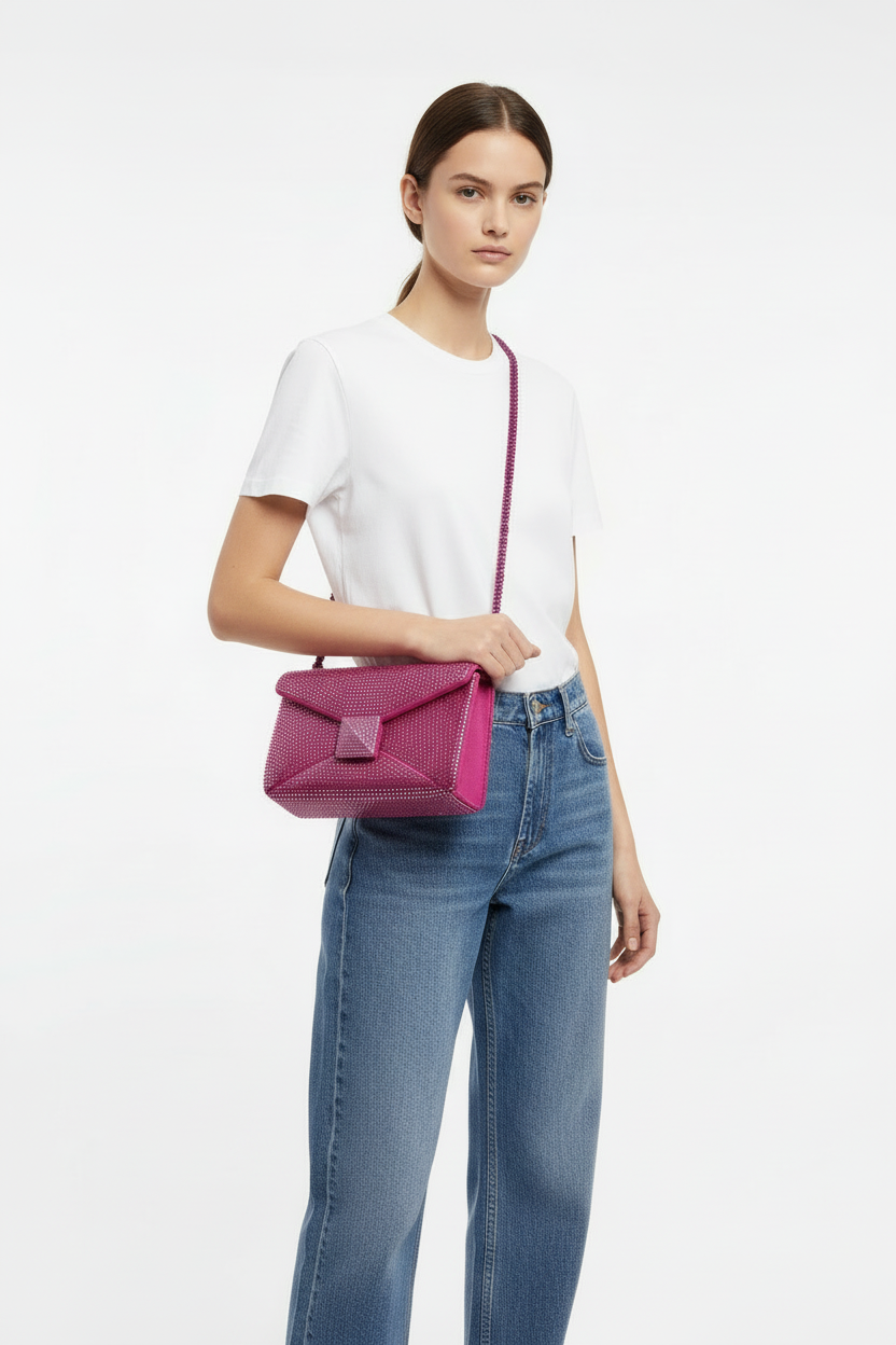 Valentino pink crystal stud bag on model - smaller