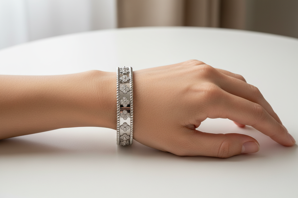 Van Cleef & Arpels White Gold Perlee Clovers Bracelet - natural look