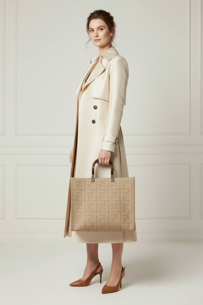 Woman wearing Fendi handbag - full length portrait