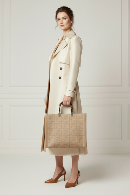 Woman wearing Fendi handbag - full length portrait