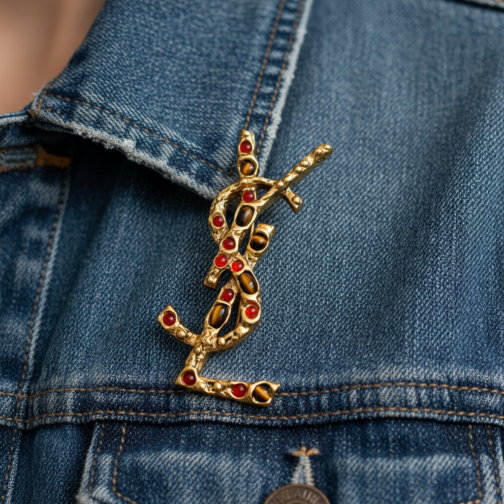 YSL Cassandre Brooch with Sunstone and Tiger’s Eye Gemstones