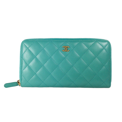 Chanel Turquoise Lambskin Zip Around Wallet