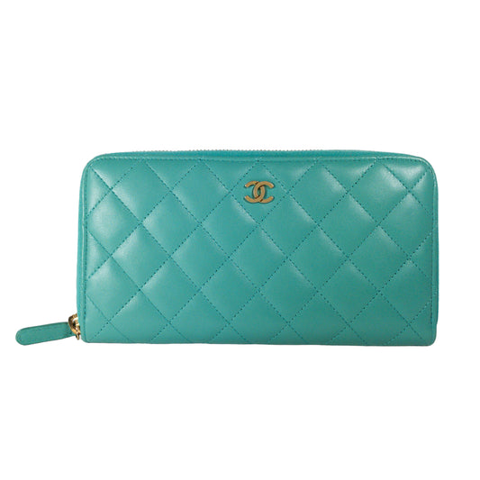 Chanel Turquoise Lambskin Zip Around Wallet