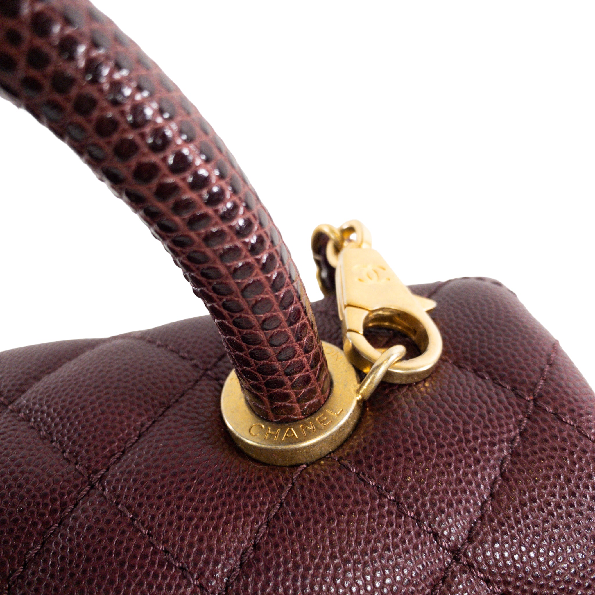 CHANEL Burgundy COCO Pattern Leather Handle and Wood Detail Umbrella