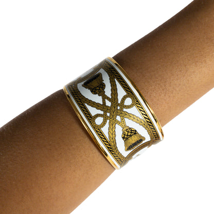 Hermes Extra-Wide Enamel Bangle White & Gold Printed