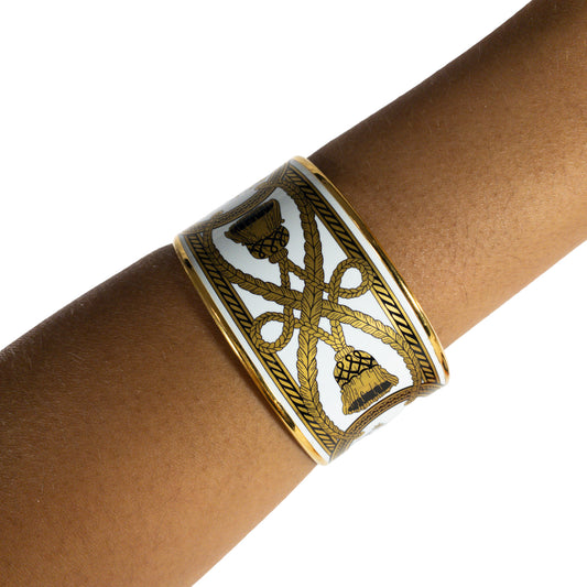 Hermes Extra-Wide Enamel Bangle White & Gold Printed