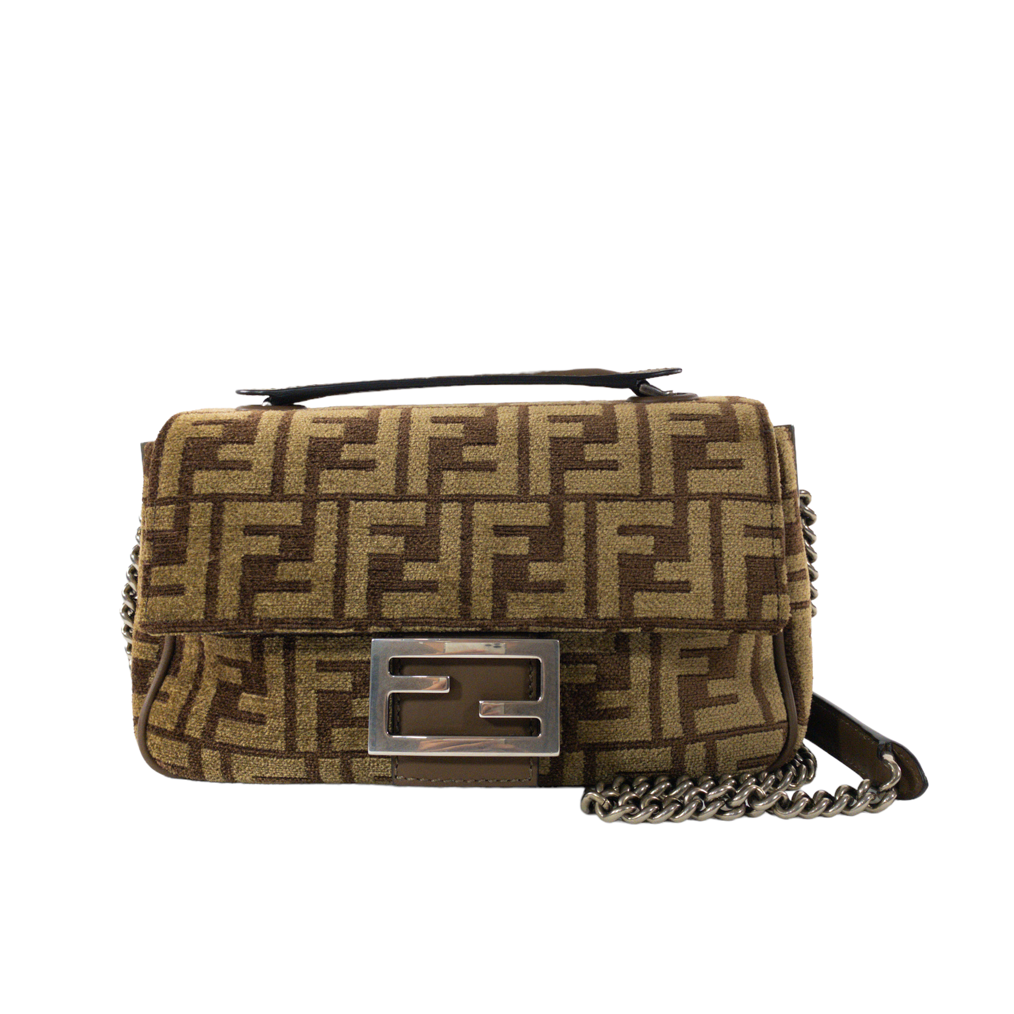 Fendi Brown Velvet Zucca Chain Baguette