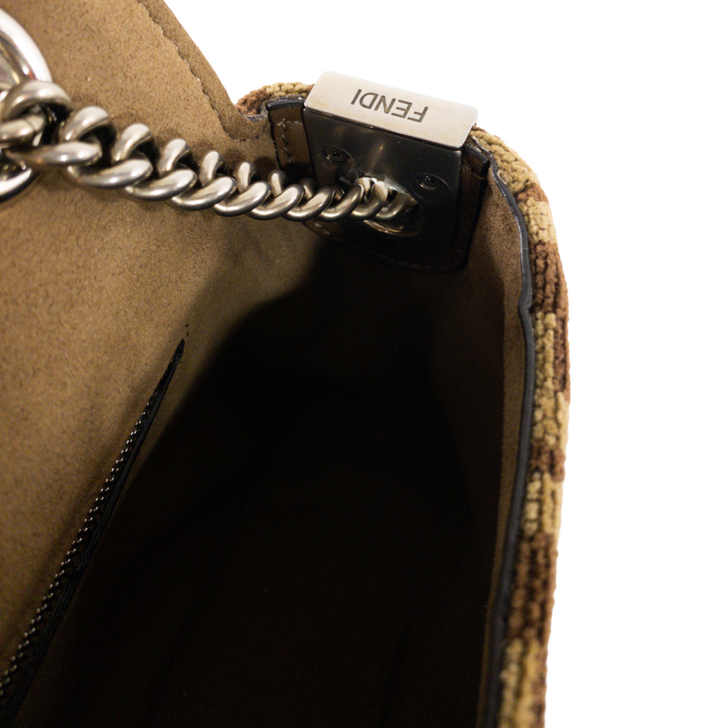 Fendi Brown Velvet Zucca Chain Baguette