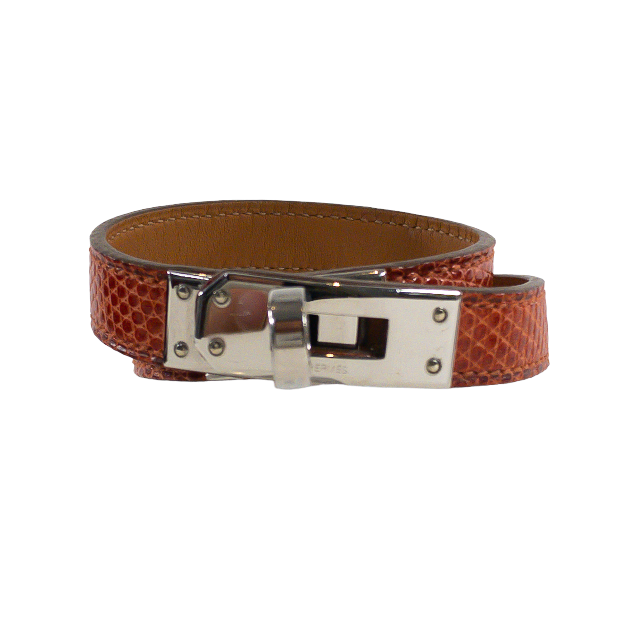 Hermes Dark Orange Lizard Kelly Double Tour Wrap Bracelet PHW