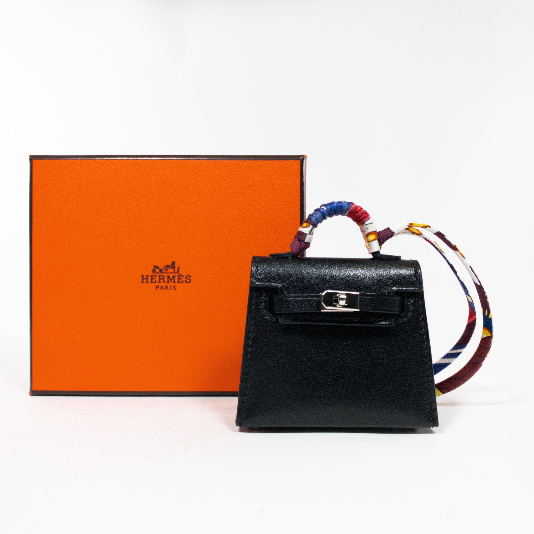 Hermes Black Mini Kelly Bag Charm with Silk Strap