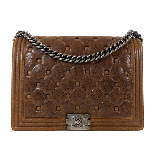 Chanel Diamond Tufted Brown Distressed Leather XL Boy RHW